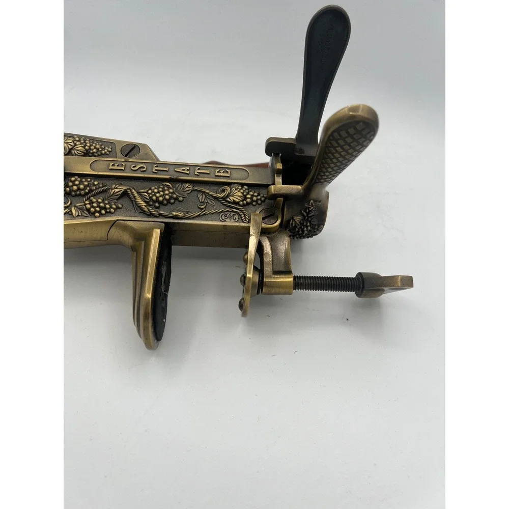VTG Estate Brass Lever Wine Bottle Corkscrew Wood Handle Table Mount Wine Opener